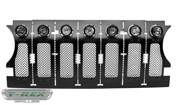 2018 Jeep Wrangler Mesh Grille Insert w/ Black Studs & 7 Round LED Lights - Mild Steel (Black)