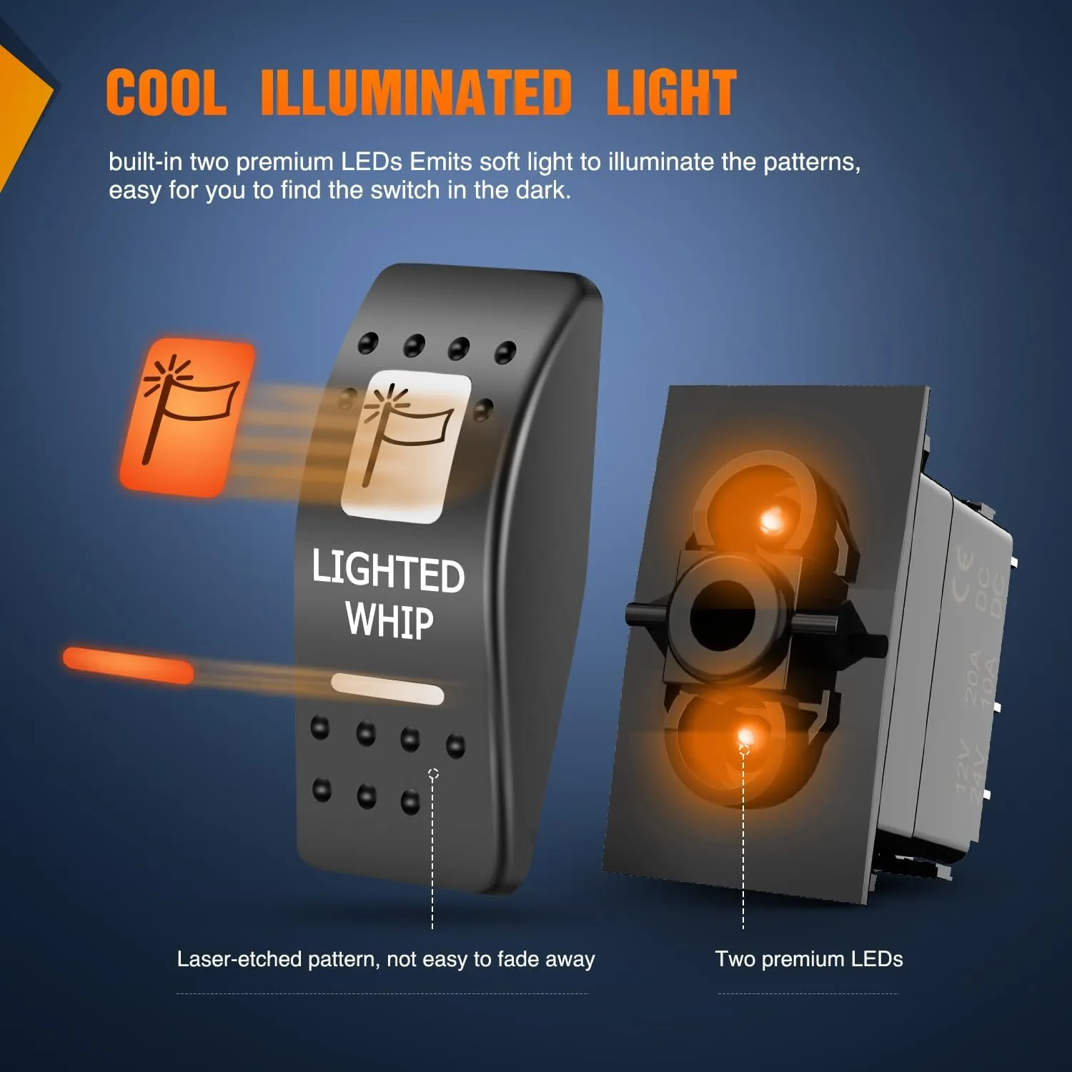 5Pin SPST On/Off UTV Lighted Whip Rocker Switch Orange Backlit