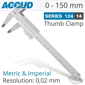ACCUD VERNIER CALIPER 150MM AUTO THUMB CLAMP 0.05MM ACC. 0.05MM GRAD. S/STEE AC124-006-14
