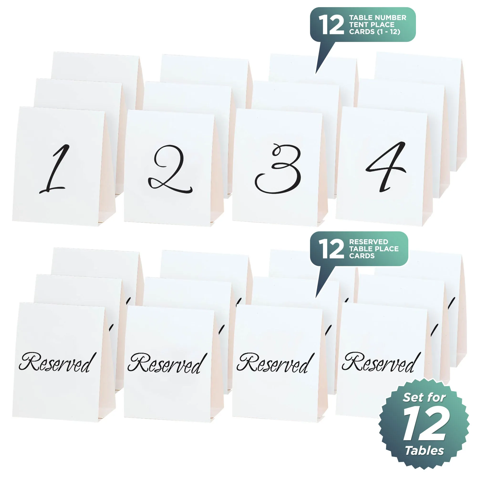 Black & White Table Number Tent Place Cards & Reserved Table Cards Set For 12 Tables