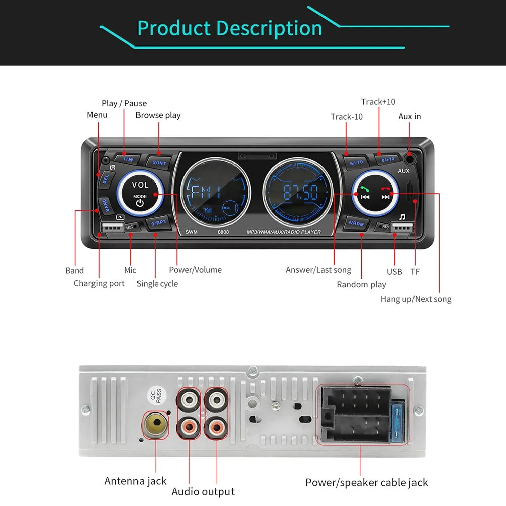 Car Radio 12V Mp3 Player Dashboard Bluetooth Hands-free Kit