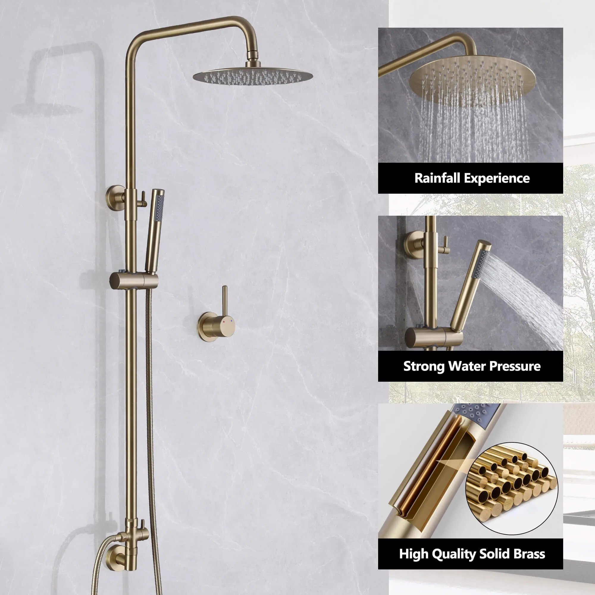 Exposed 10" Shower System Bathroom Shower Combo Set Brushed Gold