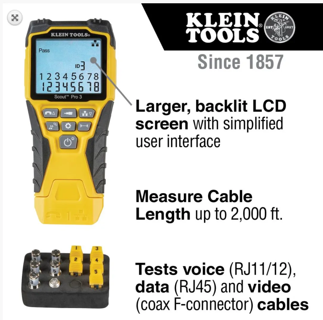 KLEIN TOOLS - Cable Tester Kit with Scout™ Pro 3 Tester, Remotes, Adapter and Battery - VDV501-851