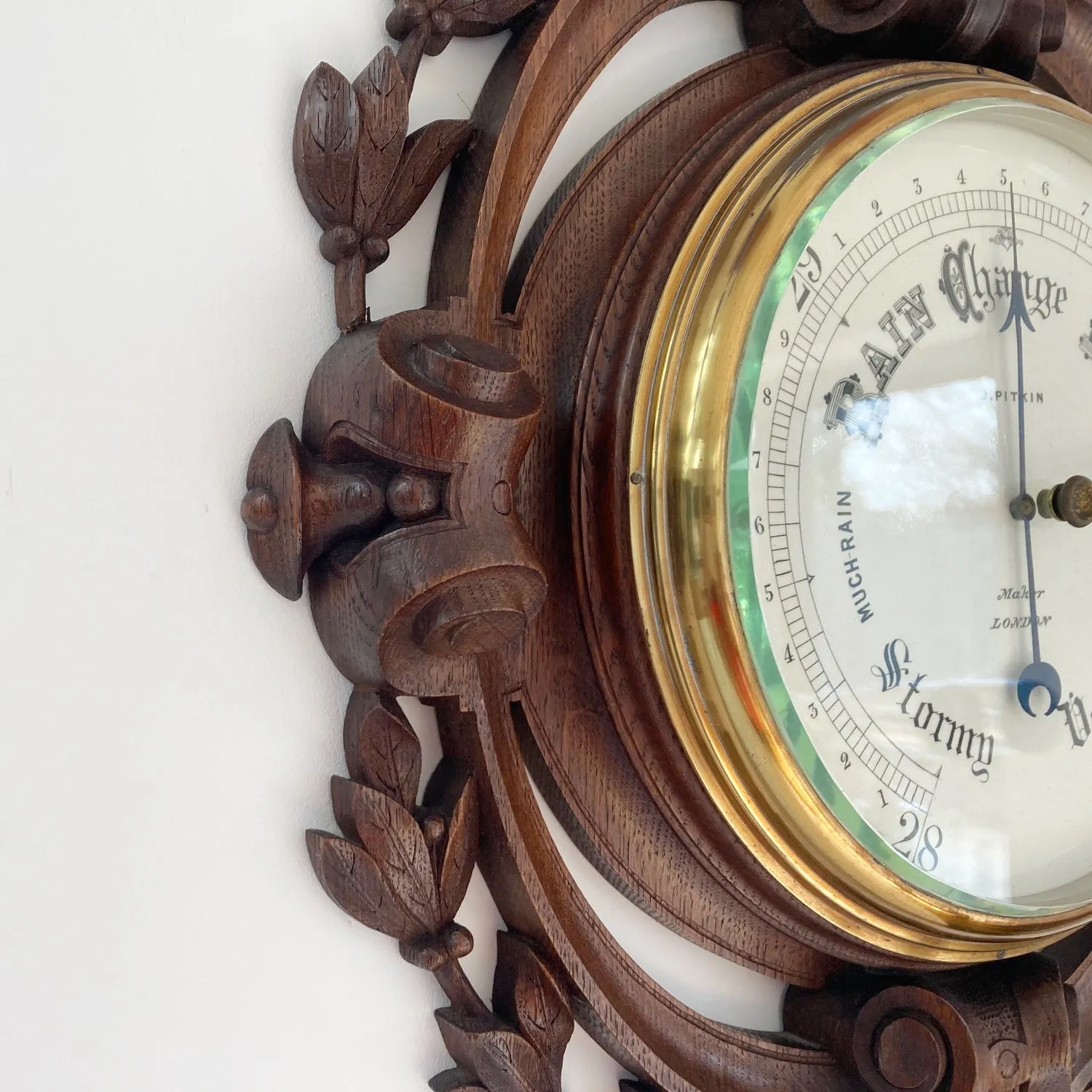 Large Victorian Carved Oak Wall Aneroid Barometer by James Pitkin London