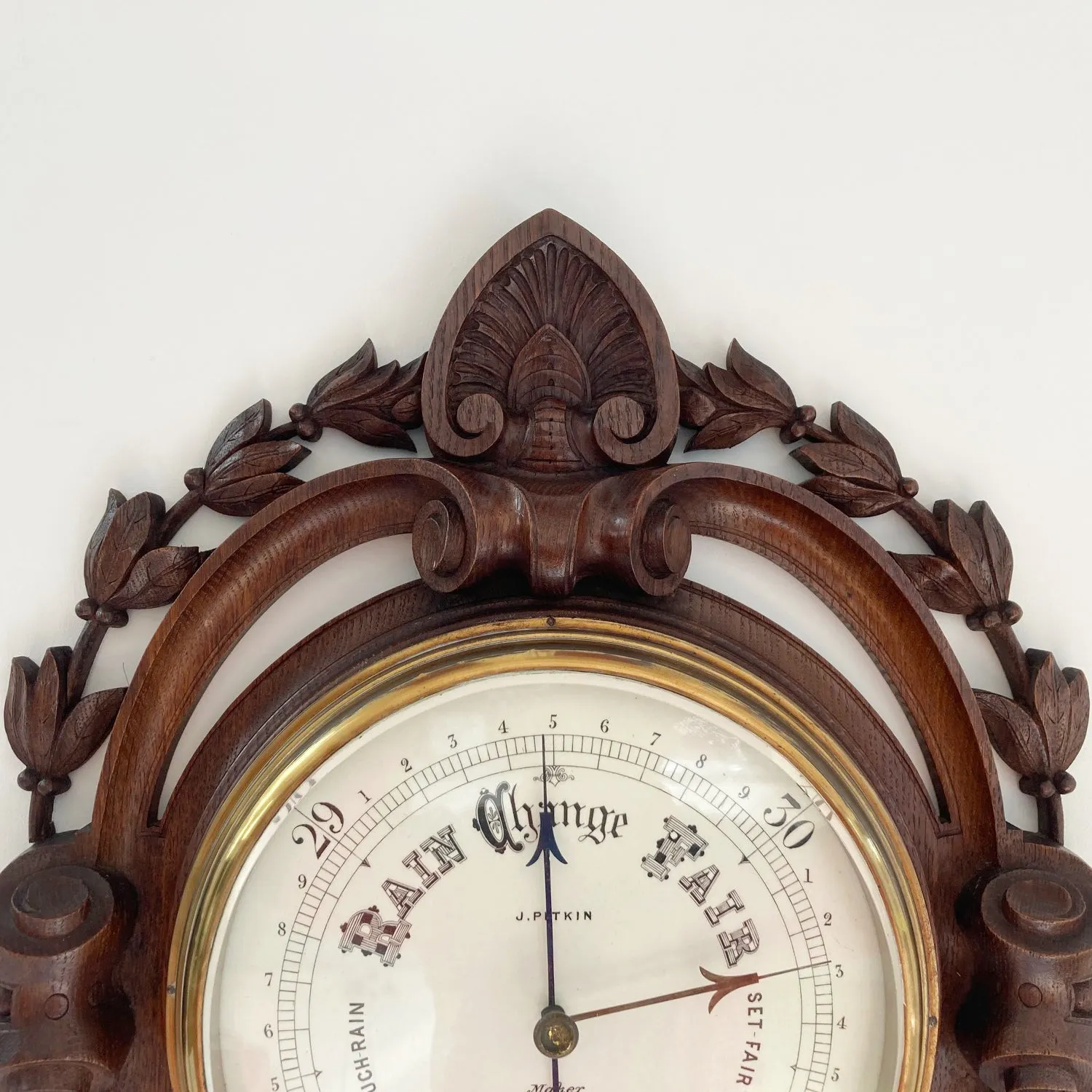 Large Victorian Carved Oak Wall Aneroid Barometer by James Pitkin London
