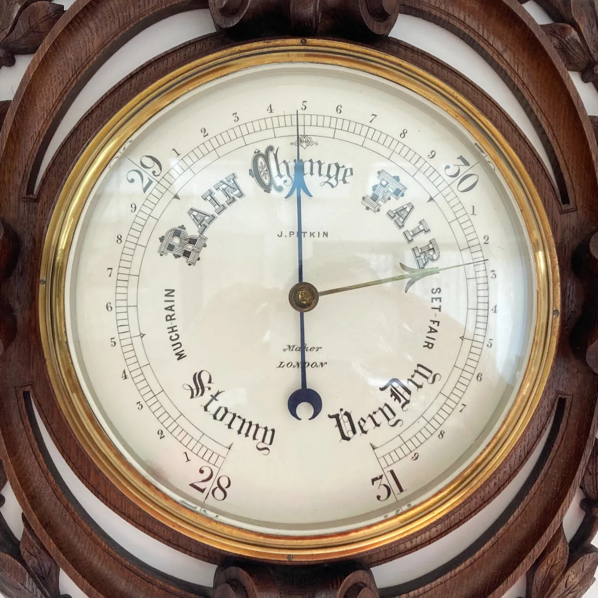 Large Victorian Carved Oak Wall Aneroid Barometer by James Pitkin London