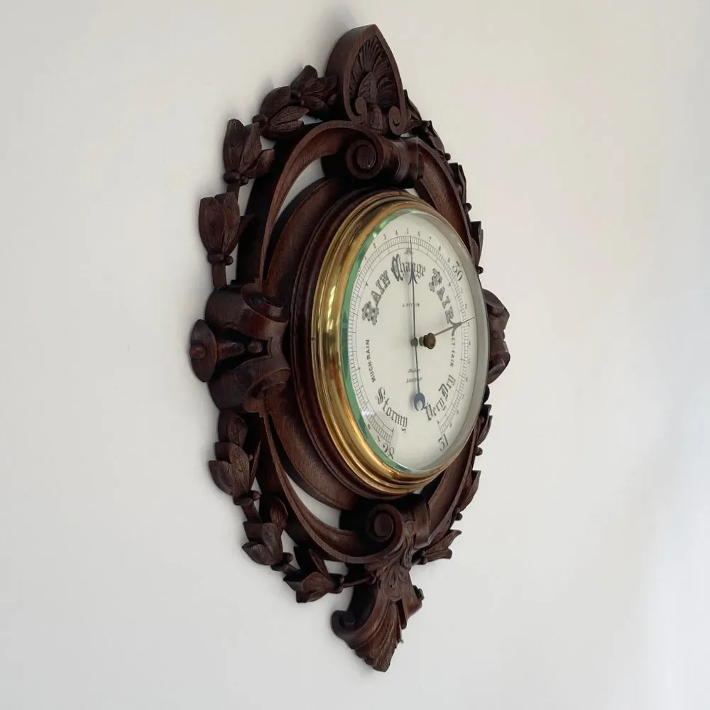 Large Victorian Carved Oak Wall Aneroid Barometer by James Pitkin London