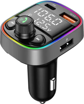 LIHAN AUX USB C Bluetooth Car Adapter, Wireless Handsfree Call, Plug for FM Transmitter Radio Receiver, QC3.0 & Type-C USB Car Charger Port, 7 Color Backlit with 2 LED Displays, TF Card & Music Player