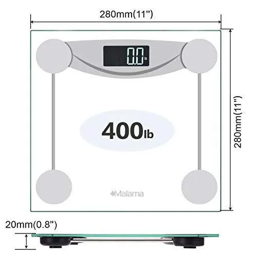 Malama Precision Digital Body Weight Bathroom Scale with Step-On Technology, LCD Backlit Display, 400 lbs Capacity and Accurate Weight Measurements, Silver