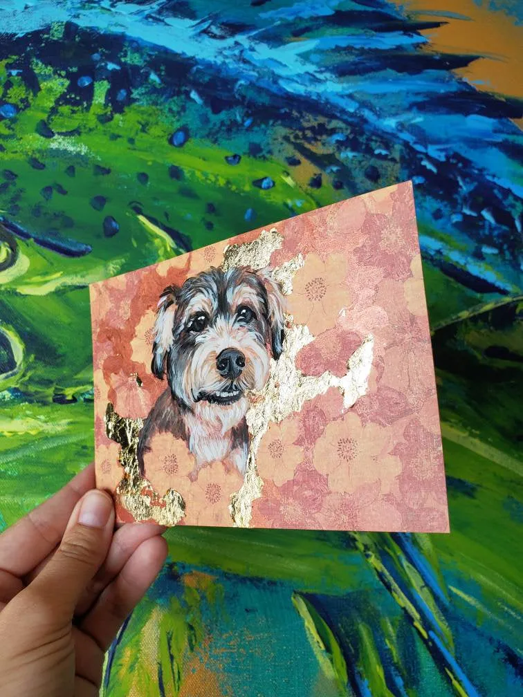 Medium Gold leaf pets Pet Portrait - Pet Painting - Gold Foil - New Animal 4x6