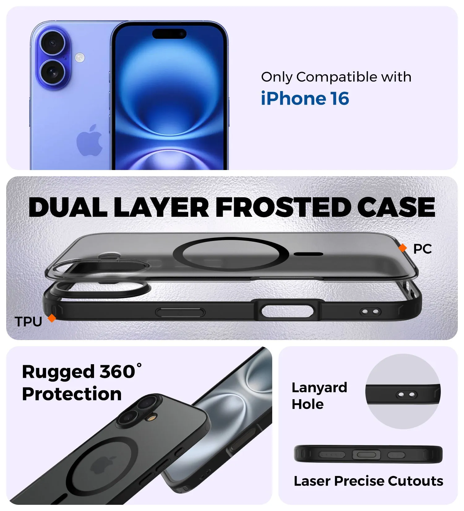 Rugged Frosted MagSnap Semi Transparent PC Shock Proof Slim Back Cover for Apple iPhone 16, 6.1 inch, Black