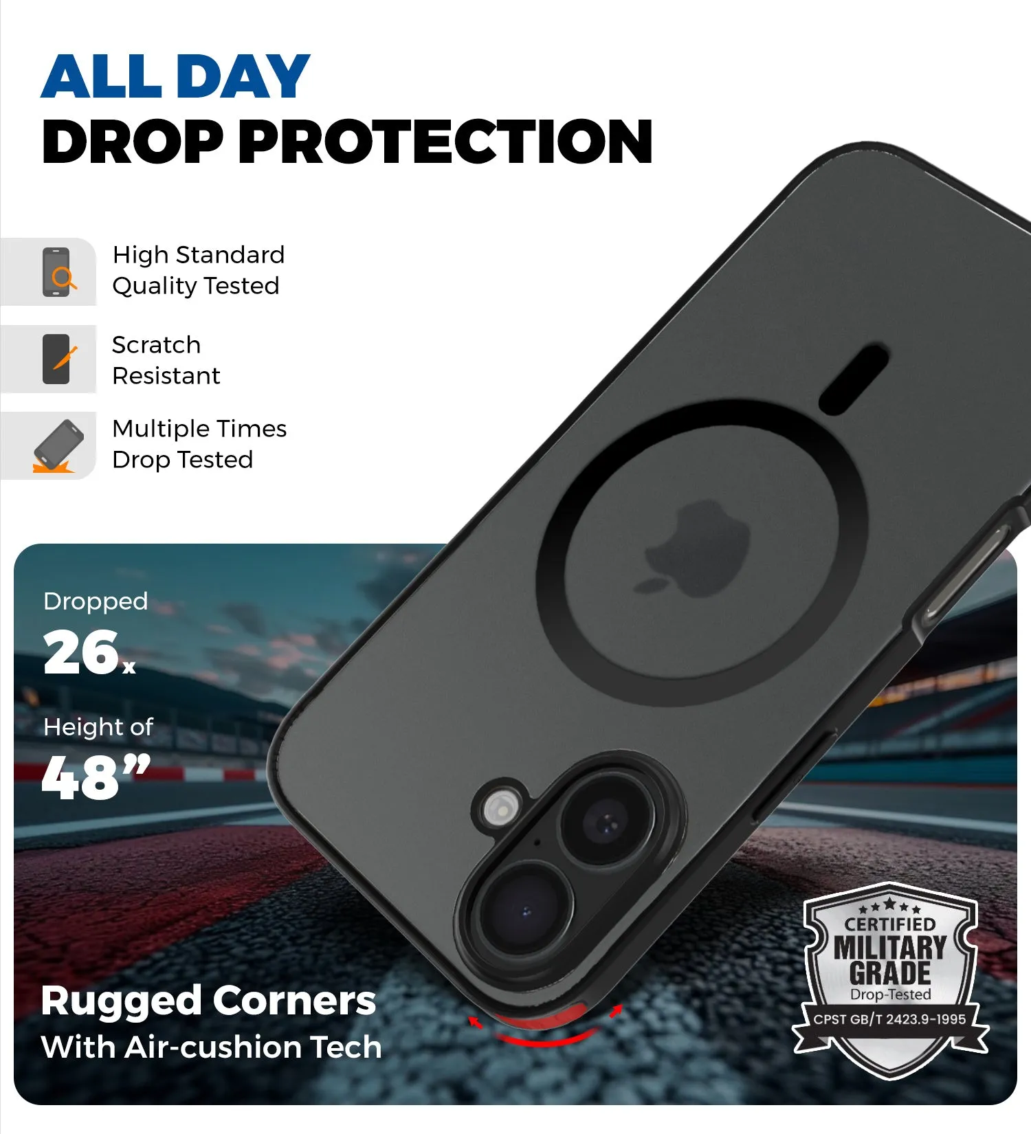 Rugged Frosted MagSnap Semi Transparent PC Shock Proof Slim Back Cover for Apple iPhone 16, 6.1 inch, Black