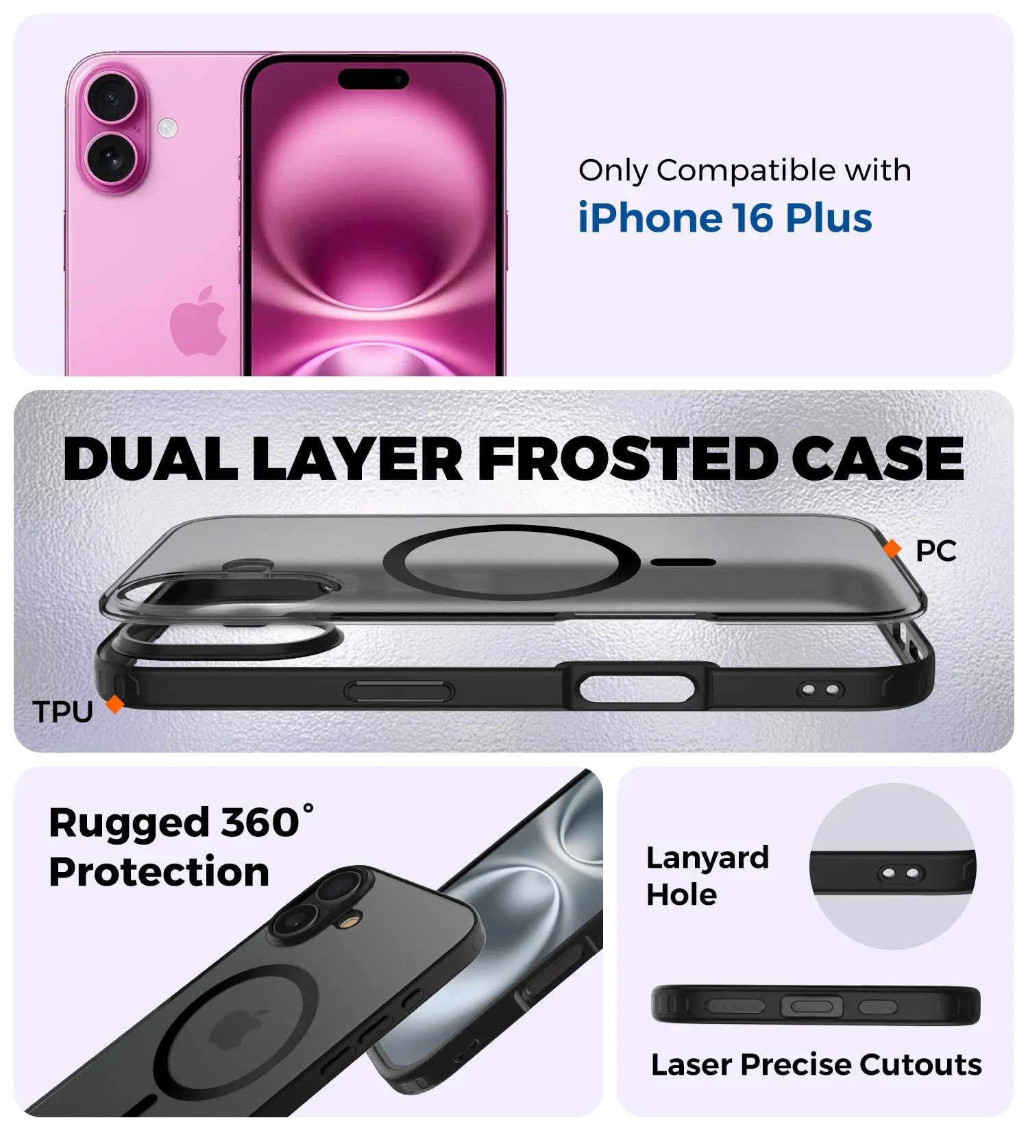 Rugged Frosted MagSnap Semi Transparent PC Shock Proof Slim Back Cover for Apple iPhone 16 Plus, 6.7 inch, Black