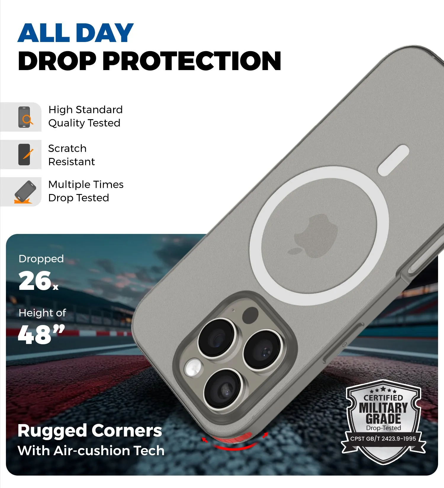 Rugged Frosted MagSnap Semi Transparent PC Shock Proof Slim Back Cover for Apple iPhone 16 Pro, 6.3 inch, Grey