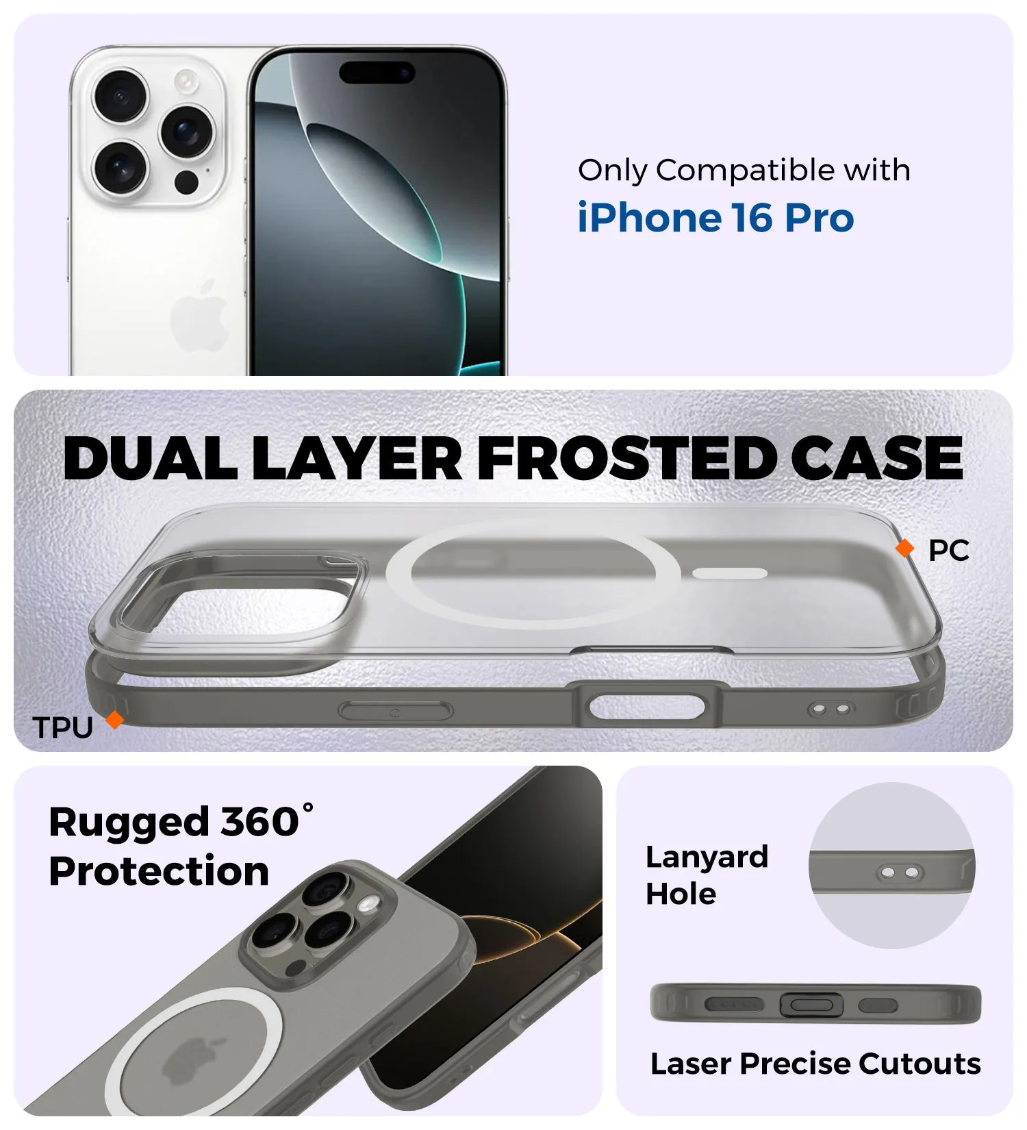 Rugged Frosted MagSnap Semi Transparent PC Shock Proof Slim Back Cover for Apple iPhone 16 Pro, 6.3 inch, Grey