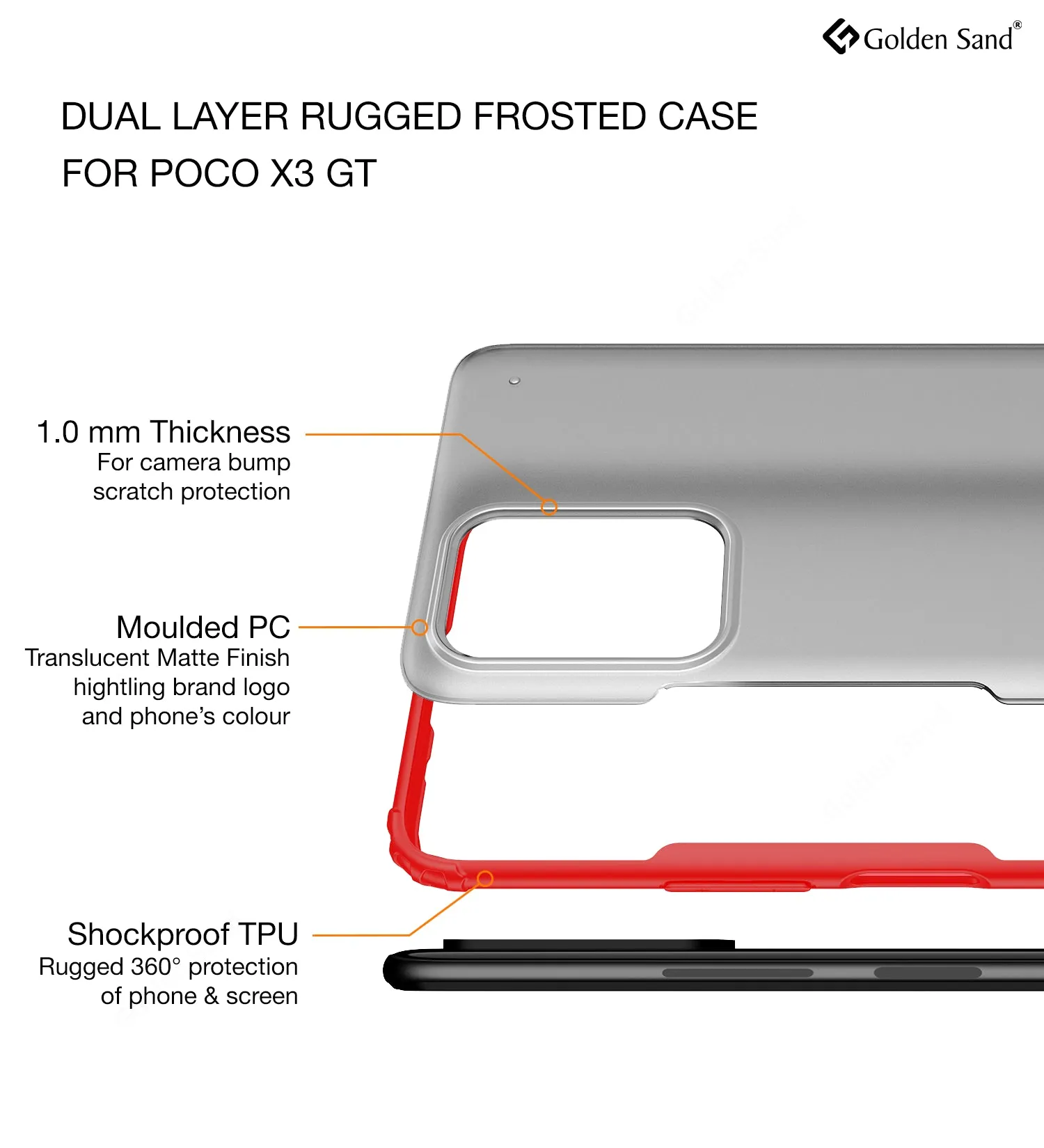 Rugged Frosted Semi Transparent PC Shock Proof Slim Back Case for Poco X3 GT, 6.6 inch, Red