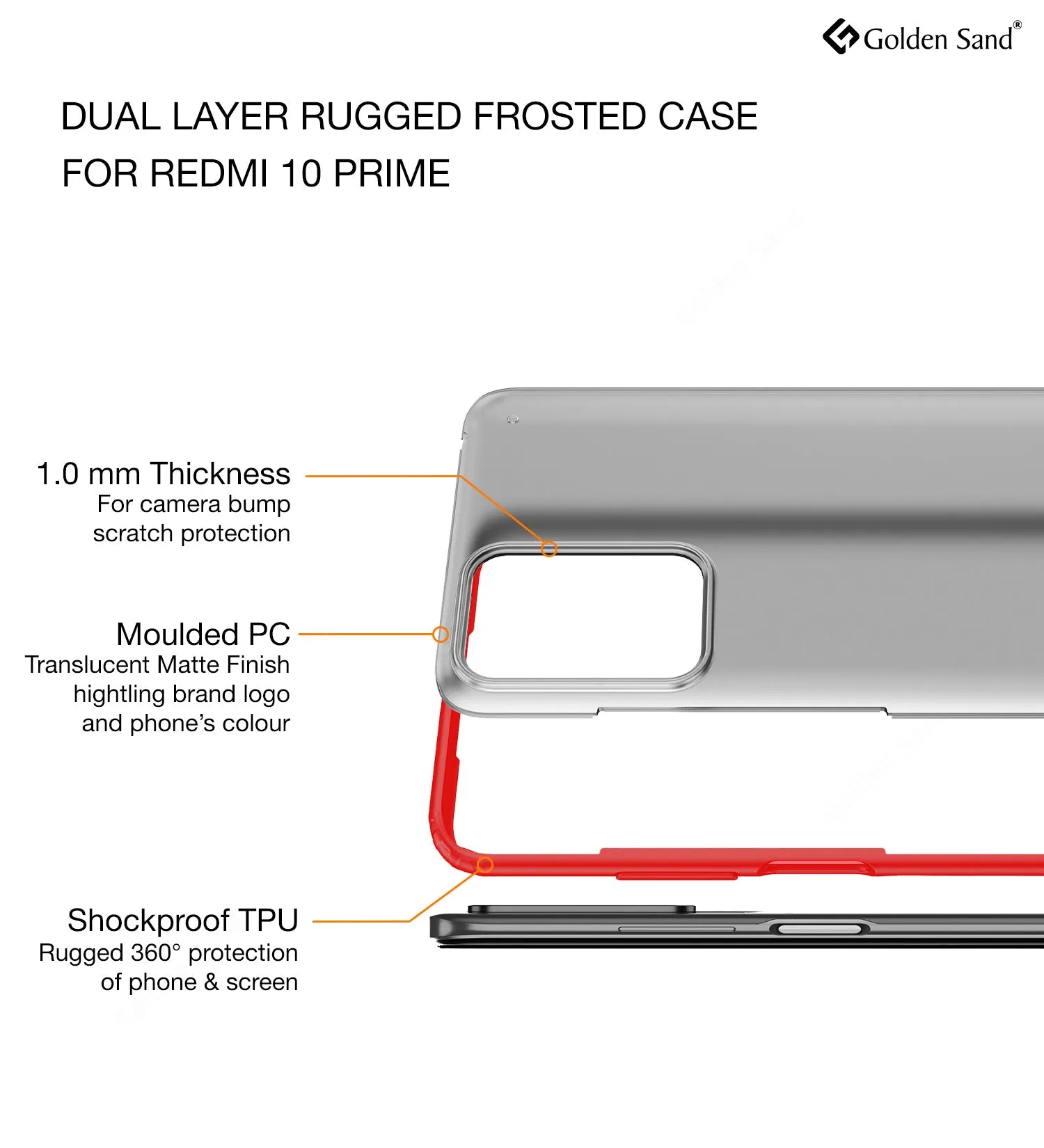 Rugged Frosted Semi Transparent PC Shock Proof Slim Back Case for Xiaomi Redmi 10 Prime, 6.5 inch, Red