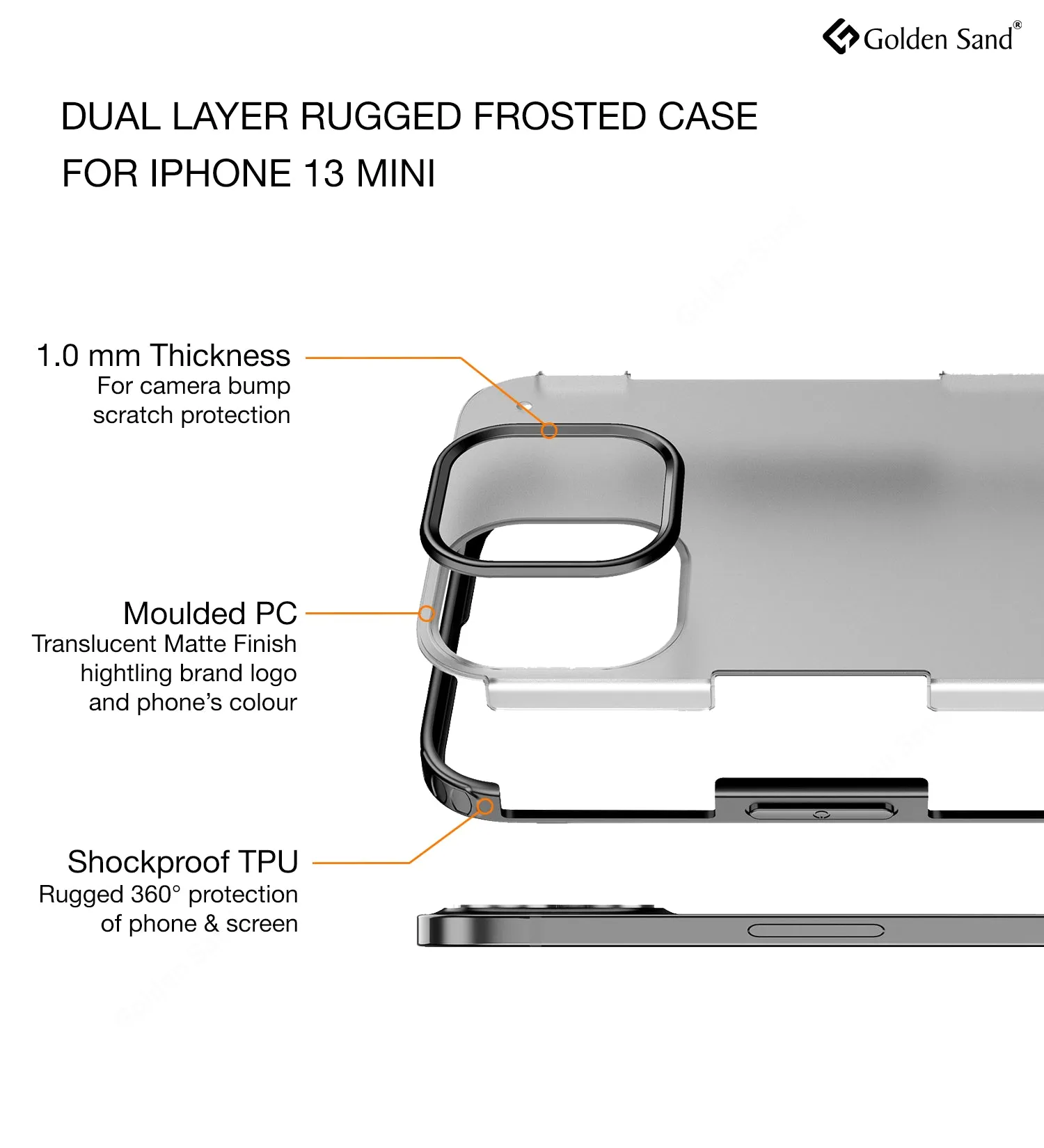 Rugged Frosted Semi Transparent PC Shock Proof Slim Back Cover for Apple iPhone 13 Mini, 5.4 inch, Black