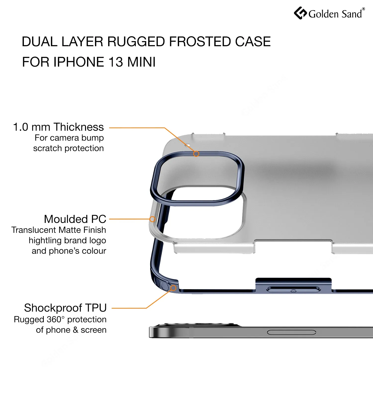 Rugged Frosted Semi Transparent PC Shock Proof Slim Back Cover for Apple iPhone 13 Mini, 5.4 inch, Blue