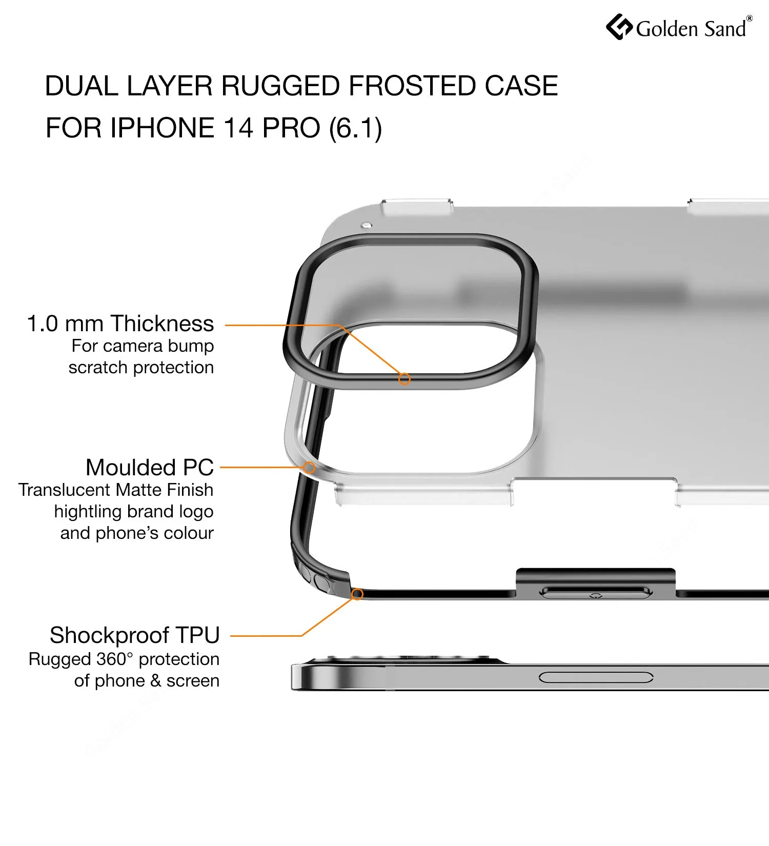 Rugged Frosted Semi Transparent PC Shock Proof Slim Back Cover for Apple iPhone 14 Pro, 6.1 inch, Black
