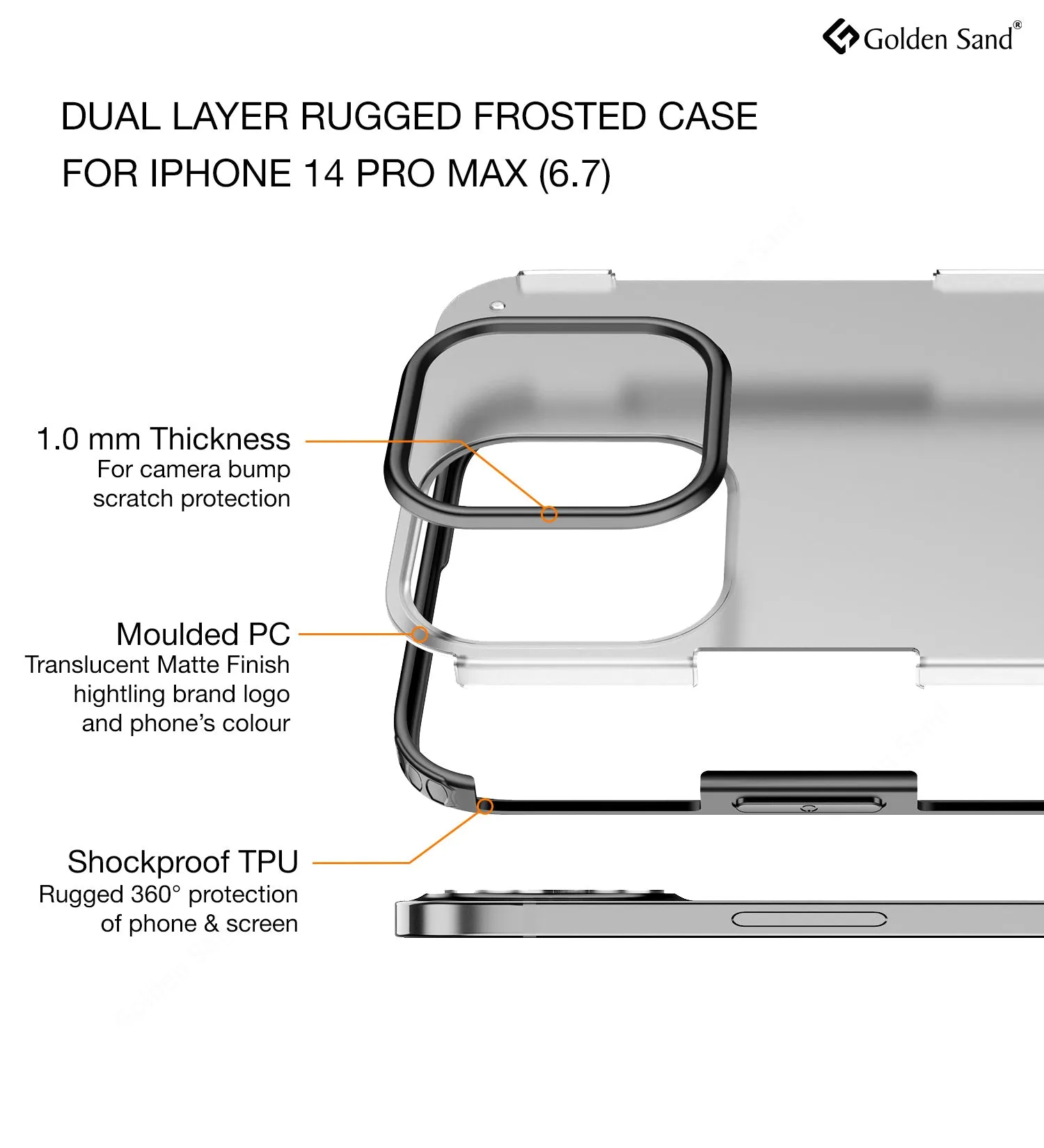 Rugged Frosted Semi Transparent PC Shock Proof Slim Back Cover for Apple iPhone 14 Pro Max, 6.7 inch, Black