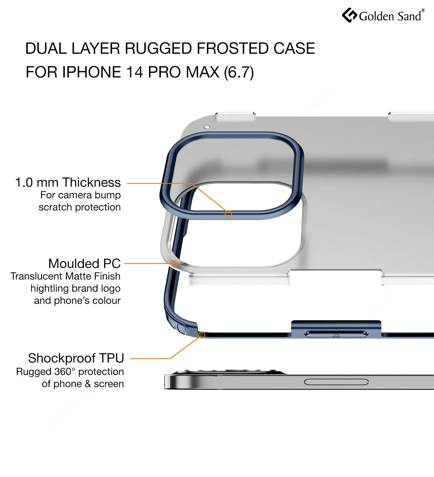 Rugged Frosted Semi Transparent PC Shock Proof Slim Back Cover for Apple iPhone 14 Pro Max, 6.7 inch, Blue