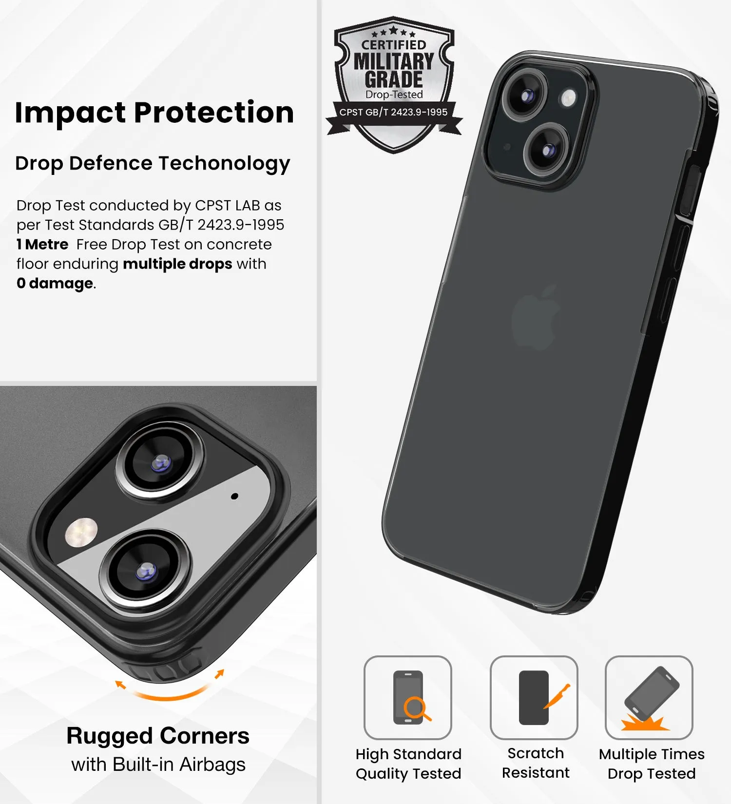 Rugged Frosted Semi Transparent PC Shock Proof Slim Back Cover for Apple iPhone 15, 6.1 inch, Black