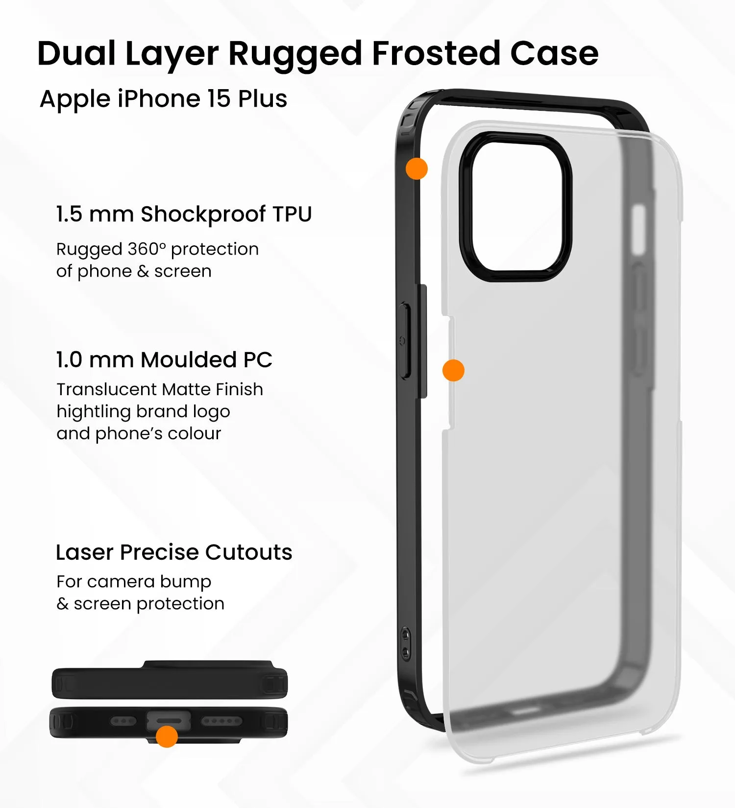 Rugged Frosted Semi Transparent PC Shock Proof Slim Back Cover for Apple iPhone 15 Plus, 6.7 inch, Black