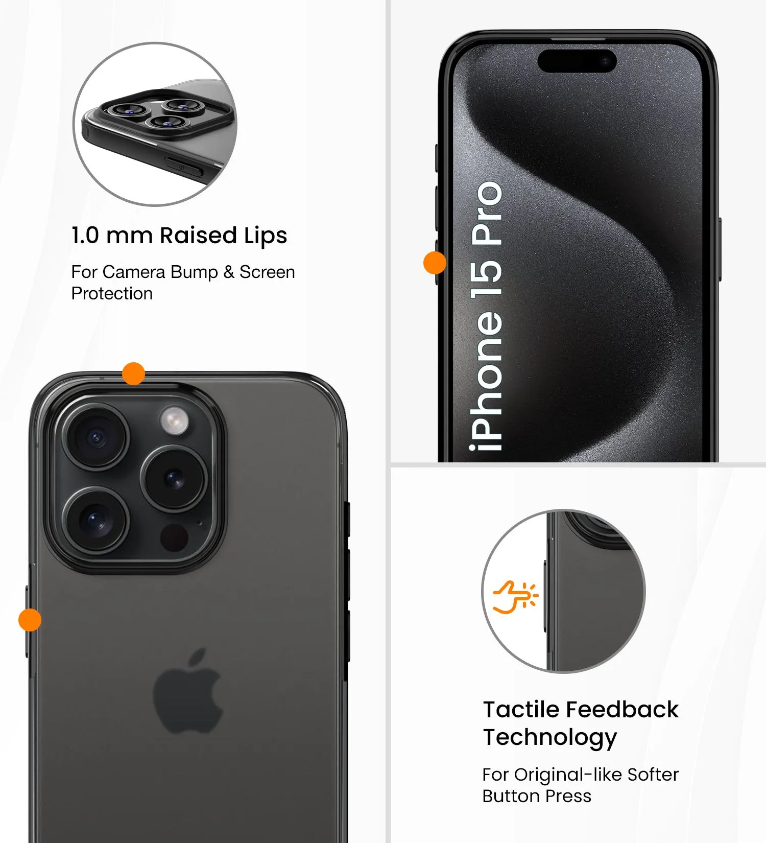 Rugged Frosted Semi Transparent PC Shock Proof Slim Back Cover for Apple iPhone 15 Pro, 6.1 inch, Black