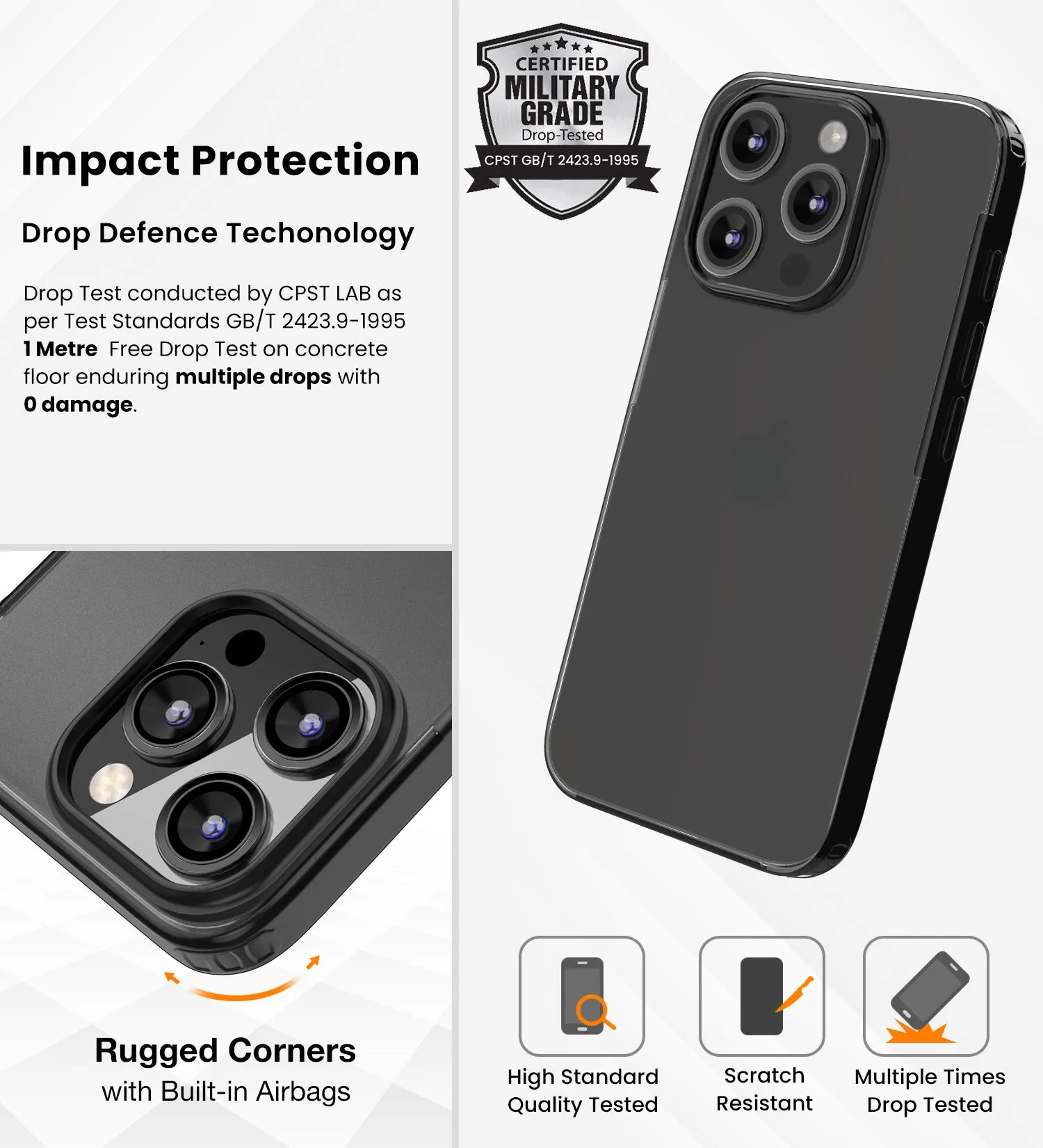 Rugged Frosted Semi Transparent PC Shock Proof Slim Back Cover for Apple iPhone 15 Pro, 6.1 inch, Black