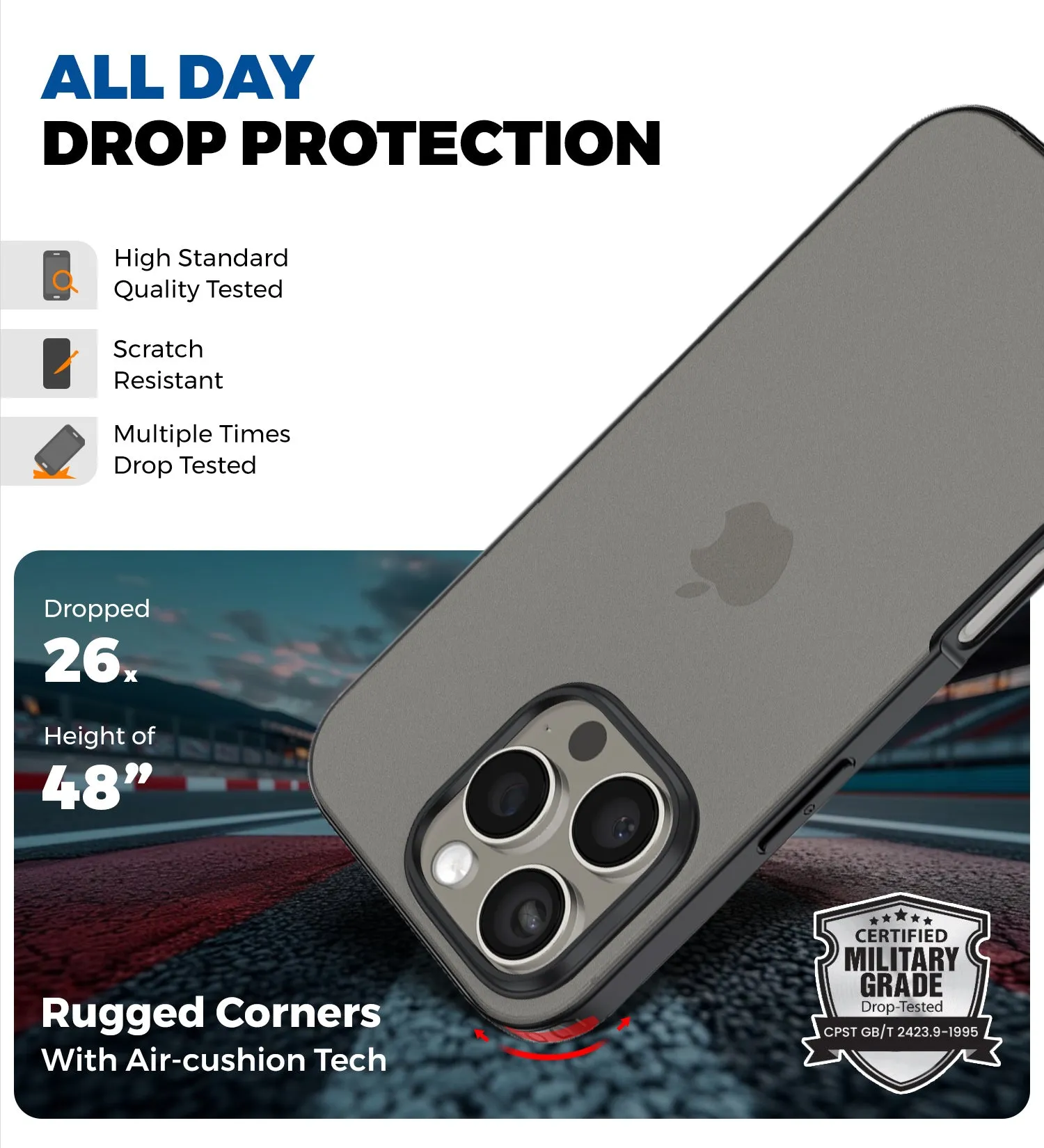 Rugged Frosted Semi Transparent PC Shock Proof Slim Back Cover for Apple iPhone 16 Pro, 6.3 inch, Black