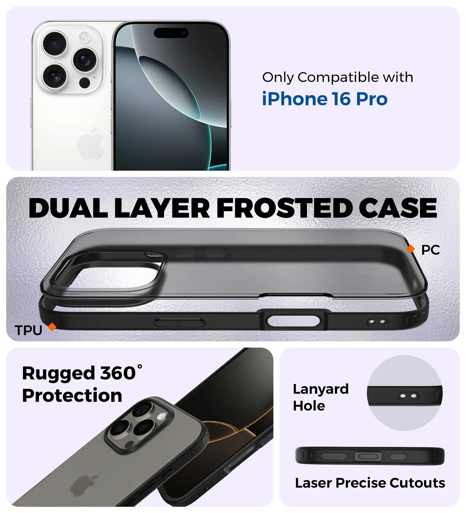 Rugged Frosted Semi Transparent PC Shock Proof Slim Back Cover for Apple iPhone 16 Pro, 6.3 inch, Black
