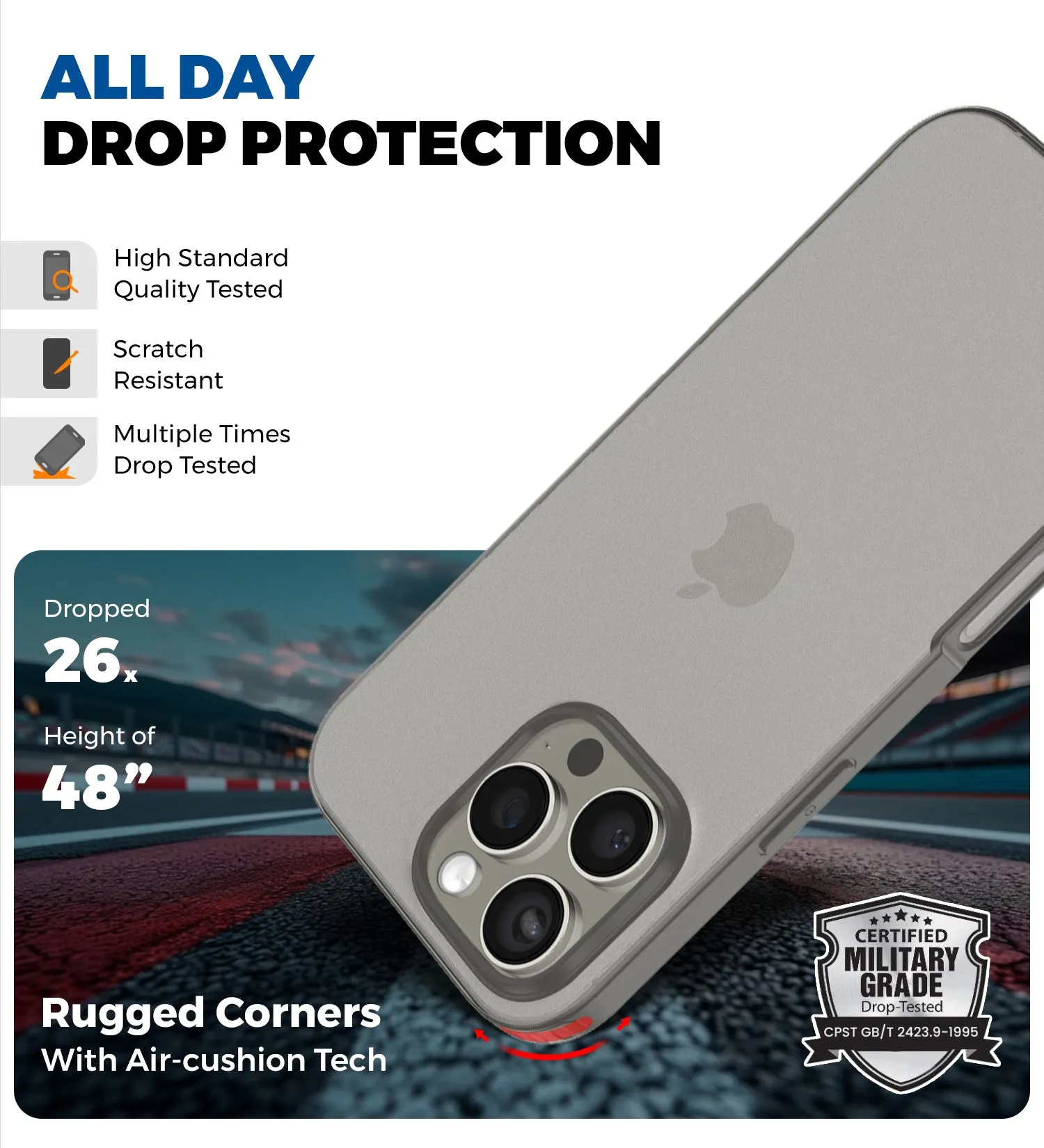 Rugged Frosted Semi Transparent PC Shock Proof Slim Back Cover for Apple iPhone 16 Pro Max, 6.9 inch, Grey