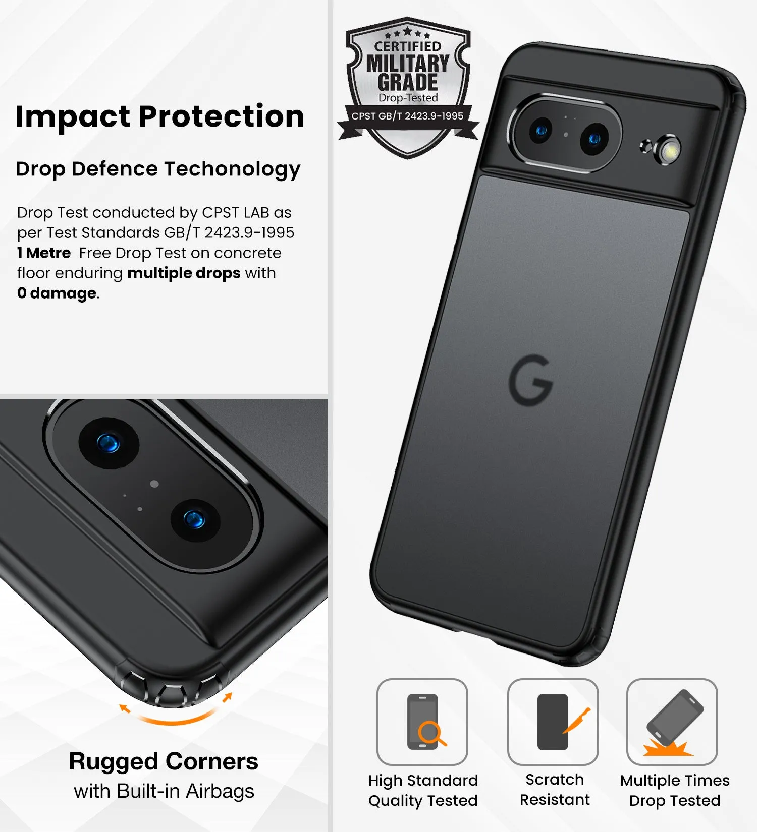 Rugged Frosted Semi Transparent PC Shock Proof Slim Back Cover for Google Pixel 8 5G, 6.17 inch, Black