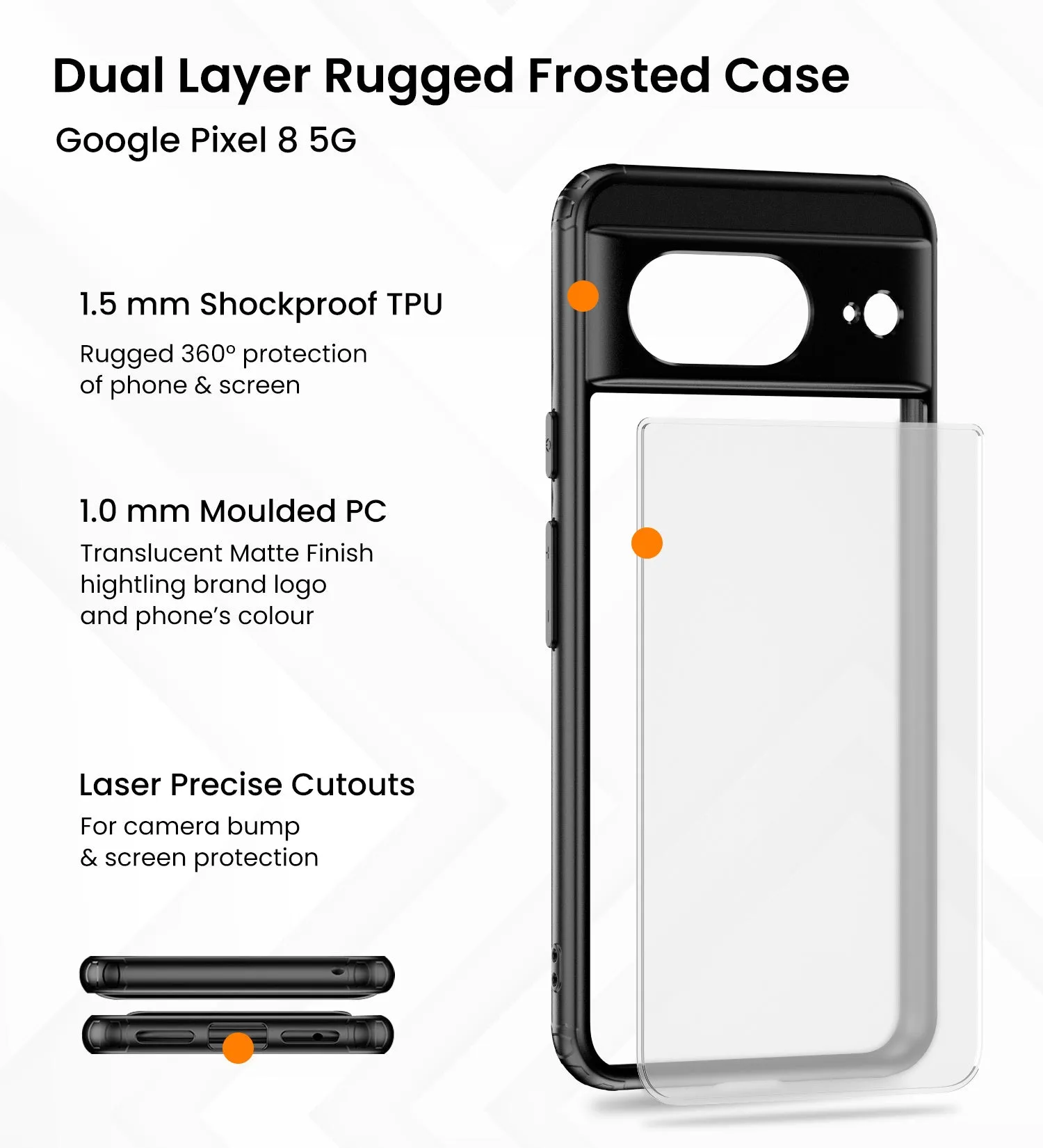 Rugged Frosted Semi Transparent PC Shock Proof Slim Back Cover for Google Pixel 8 5G, 6.17 inch, Black