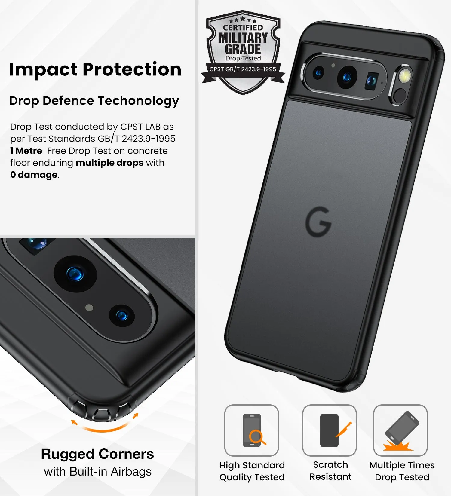 Rugged Frosted Semi Transparent PC Shock Proof Slim Back Cover for Google Pixel 8 Pro 5G, 6.7 inch, Black