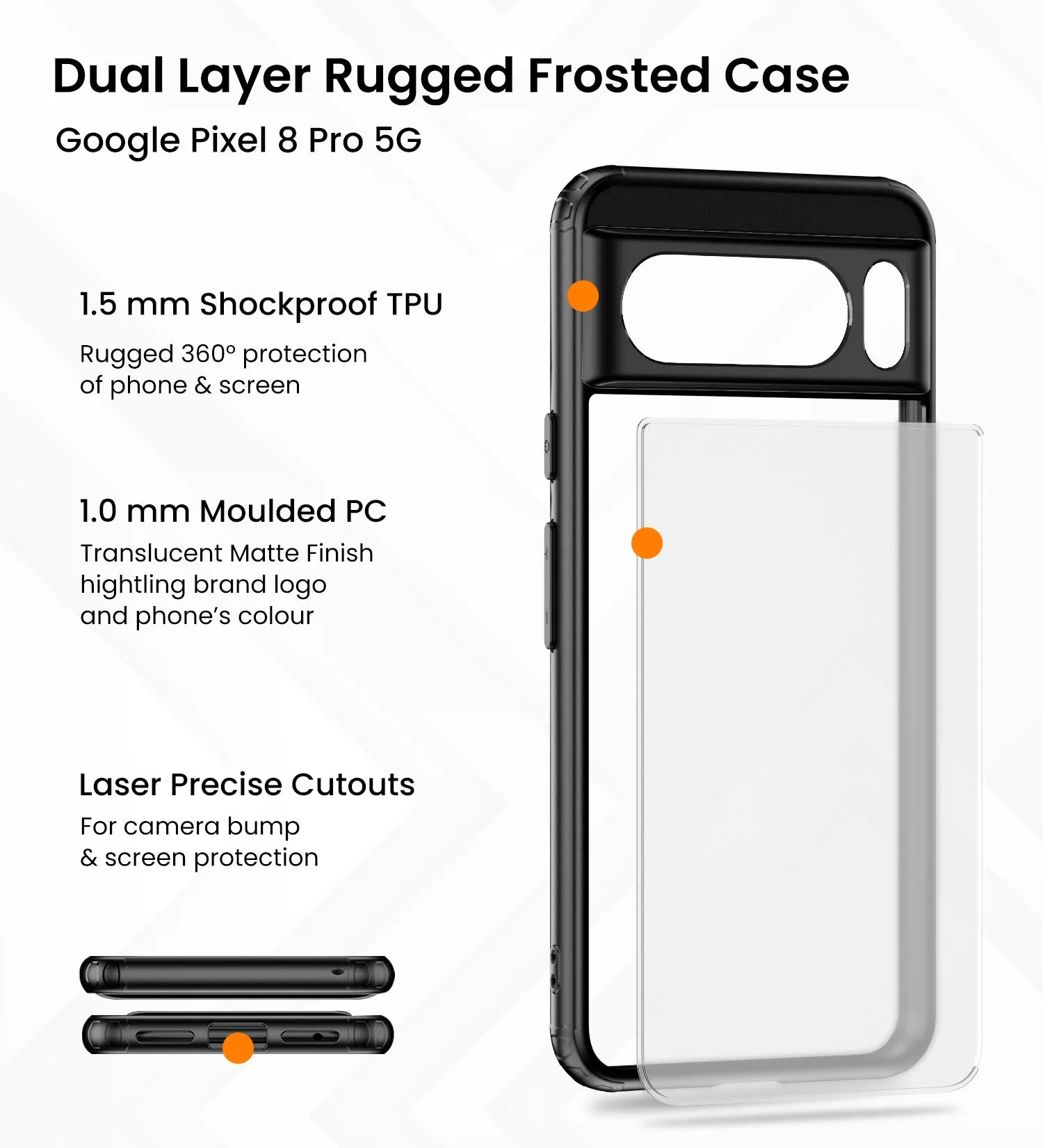 Rugged Frosted Semi Transparent PC Shock Proof Slim Back Cover for Google Pixel 8 Pro 5G, 6.7 inch, Black