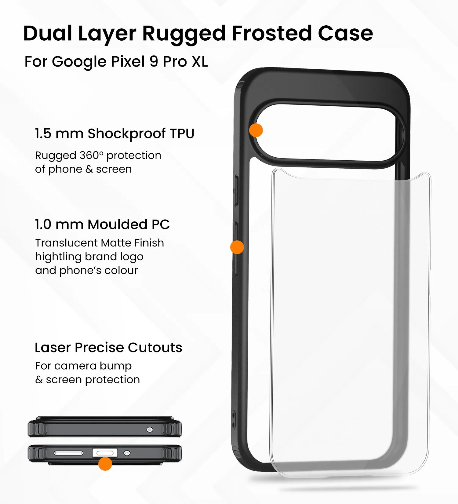Rugged Frosted Semi Transparent PC Shock Proof Slim Back Cover for Google Pixel 9 Pro XL 5G, 6.8 inch, Black