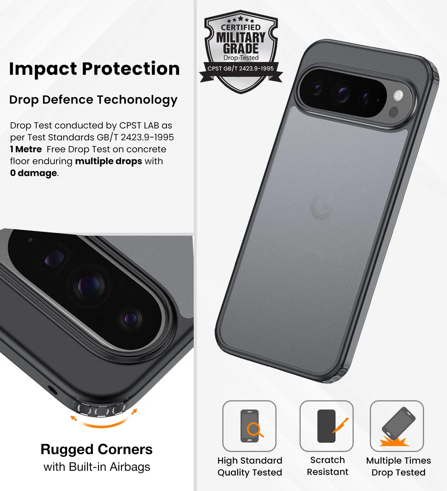 Rugged Frosted Semi Transparent PC Shock Proof Slim Back Cover for Google Pixel 9 Pro XL 5G, 6.8 inch, Black