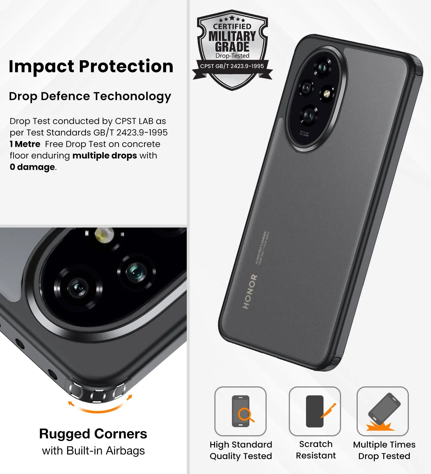 Rugged Frosted Semi Transparent PC Shock Proof Slim Back Cover for Honor 200 5G, 6.7 inch, Black