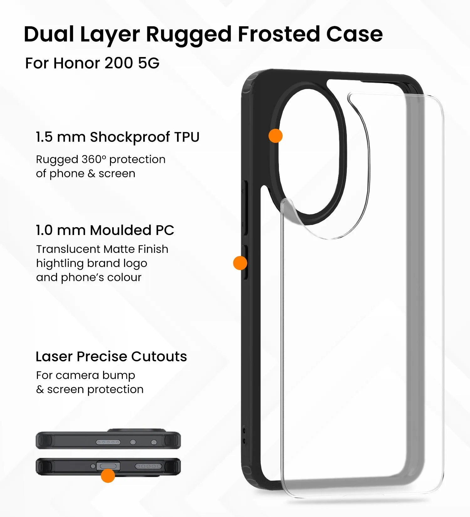 Rugged Frosted Semi Transparent PC Shock Proof Slim Back Cover for Honor 200 5G, 6.7 inch, Black