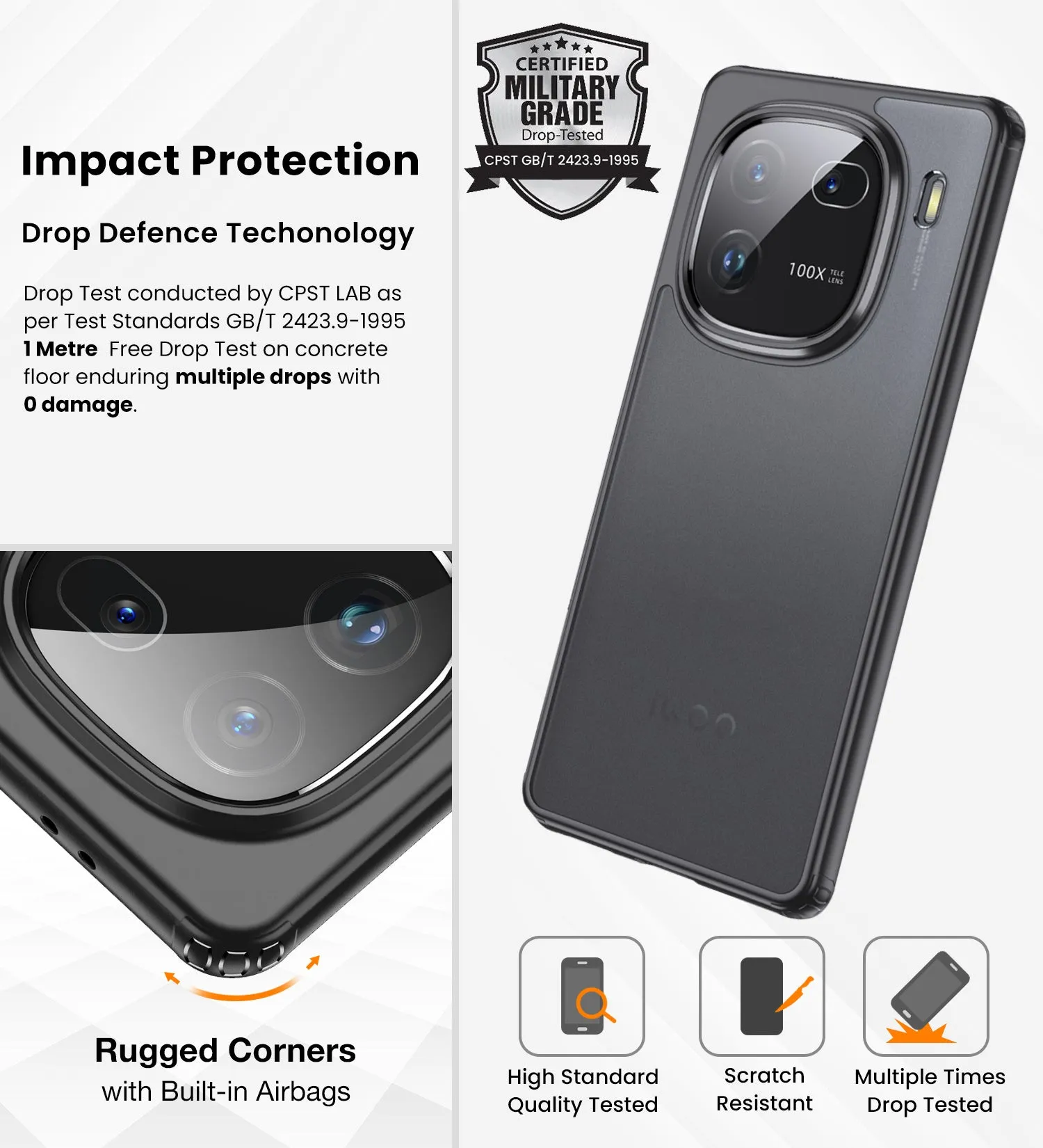 Rugged Frosted Semi Transparent PC Shock Proof Slim Back Cover for IQOO 12 5G, 6.78 inch, Black