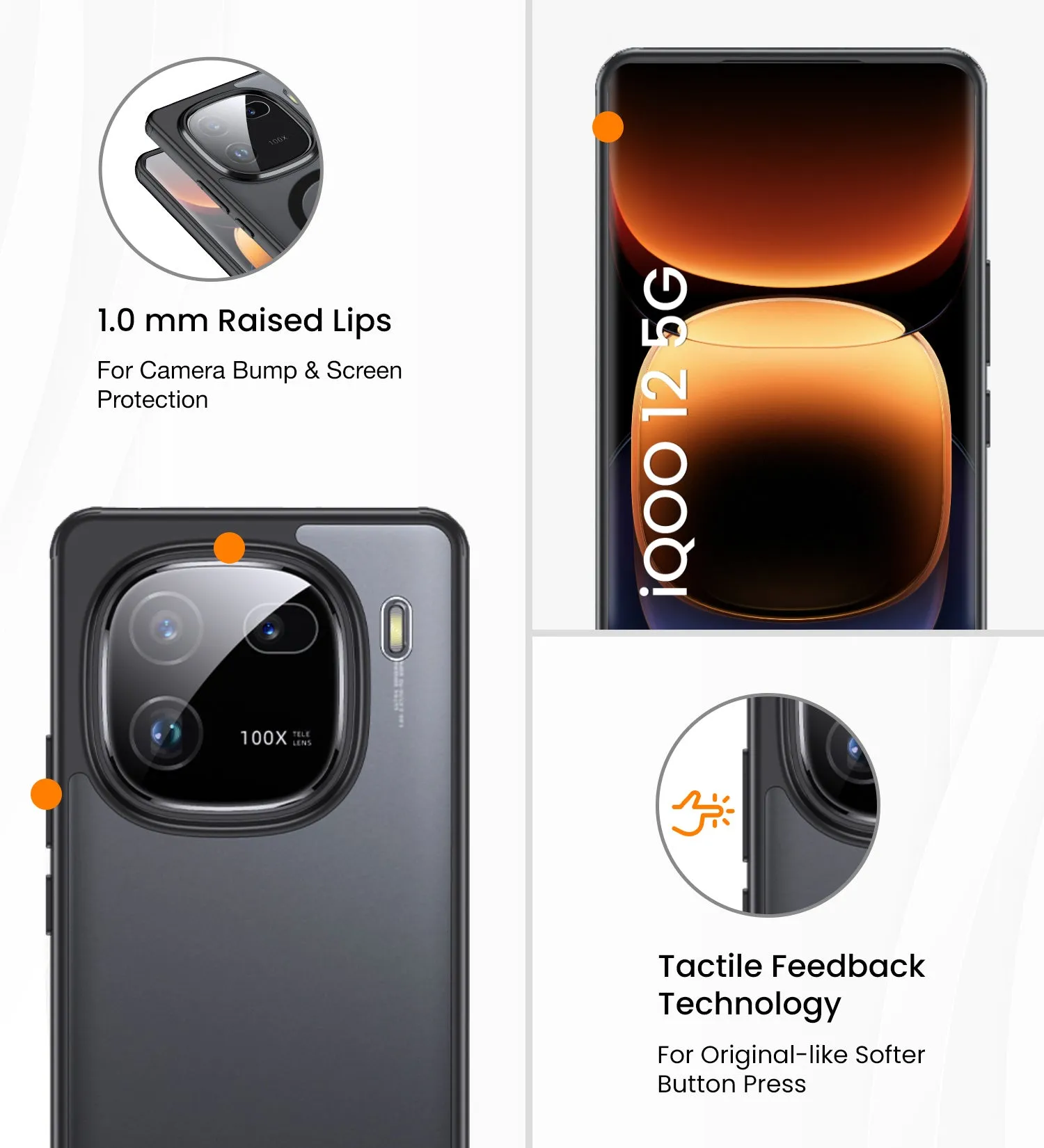 Rugged Frosted Semi Transparent PC Shock Proof Slim Back Cover for IQOO 12 5G, 6.78 inch, Black