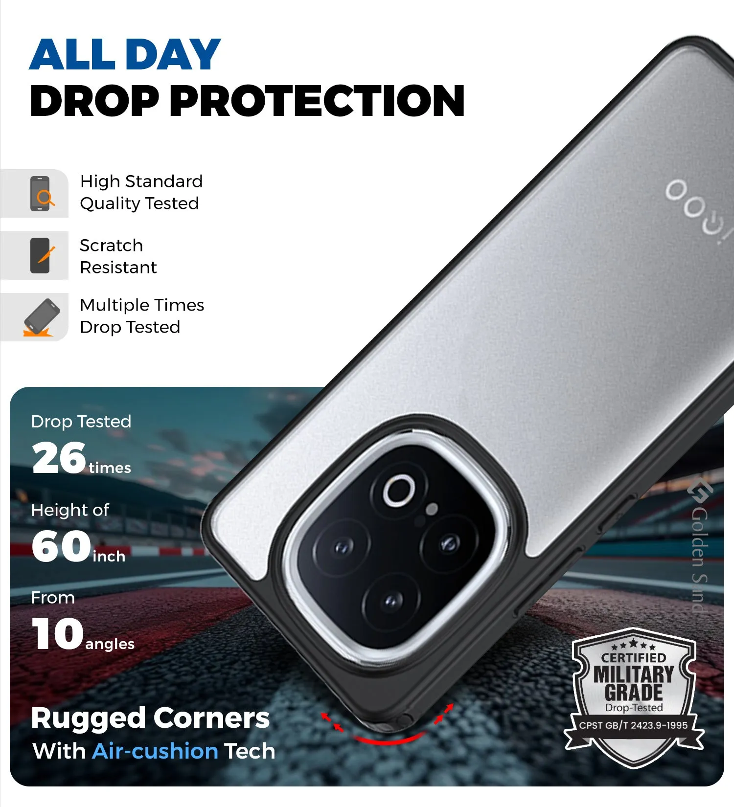 Rugged Frosted Semi Transparent PC Shock Proof Slim Back Cover for iQOO 13 5G, 6.82 inch, Black