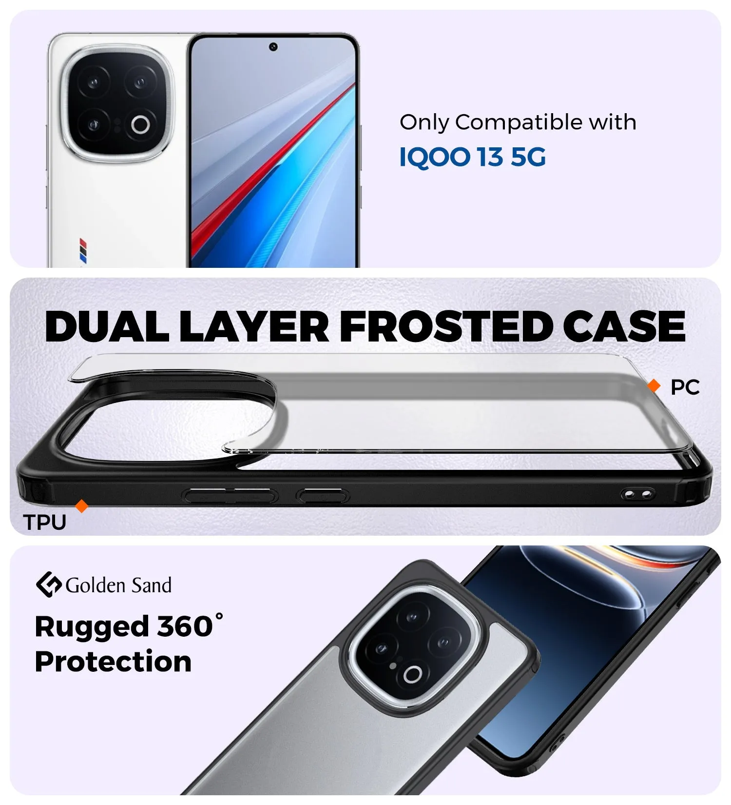 Rugged Frosted Semi Transparent PC Shock Proof Slim Back Cover for iQOO 13 5G, 6.82 inch, Black