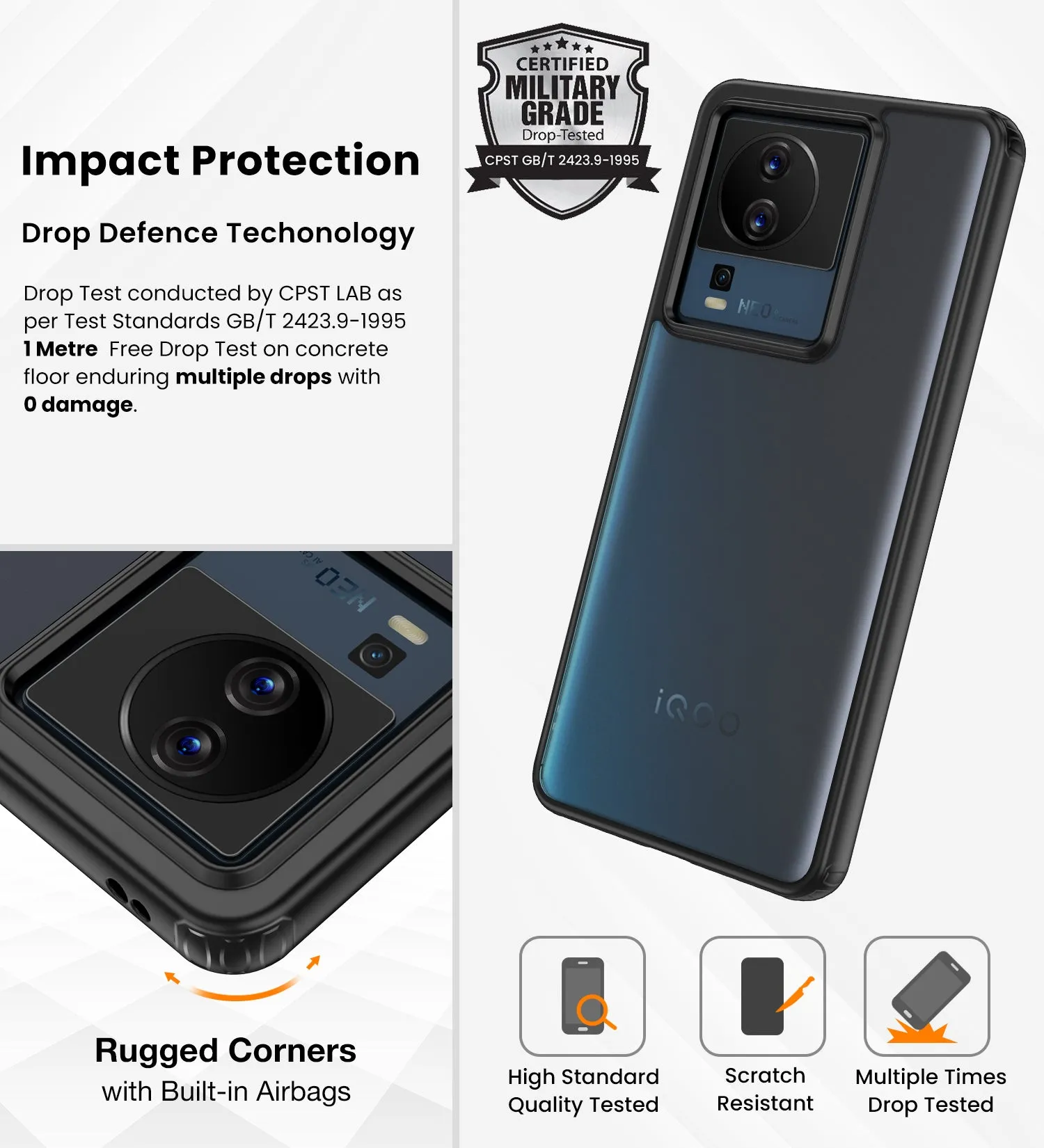 Rugged Frosted Semi Transparent PC Shock Proof Slim Back Cover for iQOO Neo 7 5G, iQOO Neo 7 Pro 5G, 6.78 inch, Black