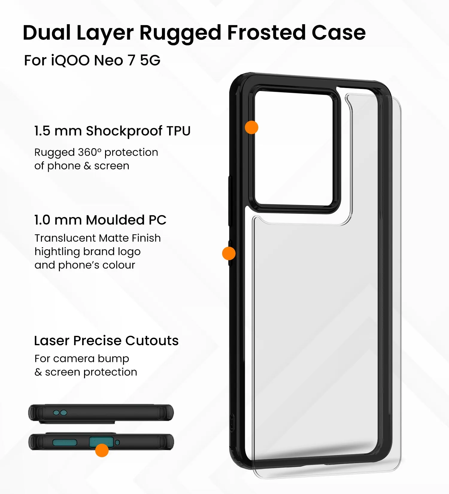 Rugged Frosted Semi Transparent PC Shock Proof Slim Back Cover for iQOO Neo 7 5G, iQOO Neo 7 Pro 5G, 6.78 inch, Black