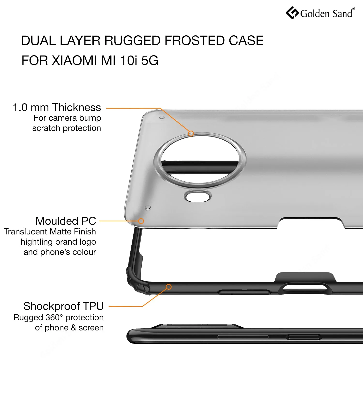 Rugged Frosted Semi Transparent PC Shock Proof Slim Back Cover for Mi 10i 5G, 6.67 inch, Black