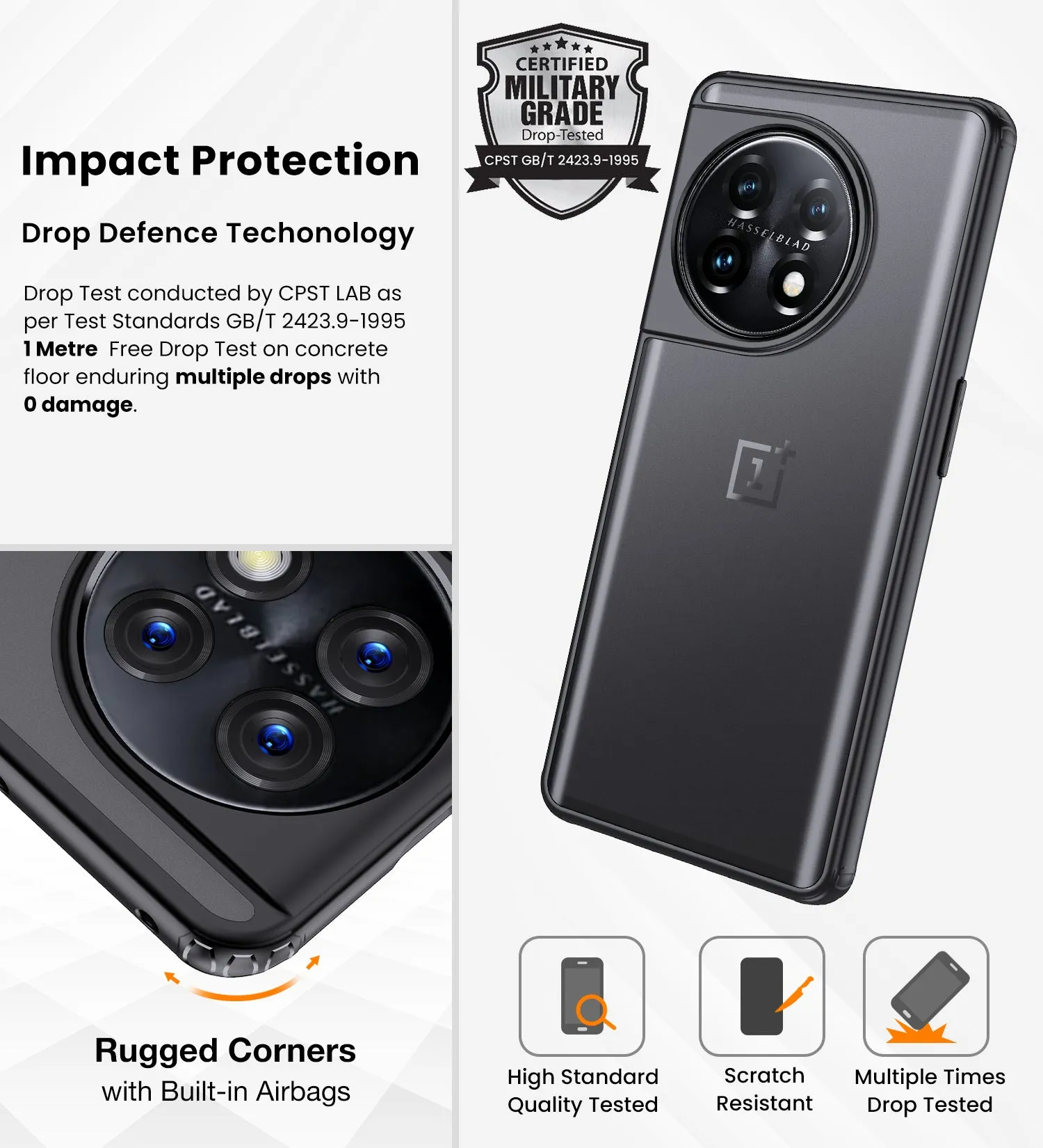 Rugged Frosted Semi Transparent PC Shock Proof Slim Back Cover for OnePlus 11 5G, 6.7 inch, Black