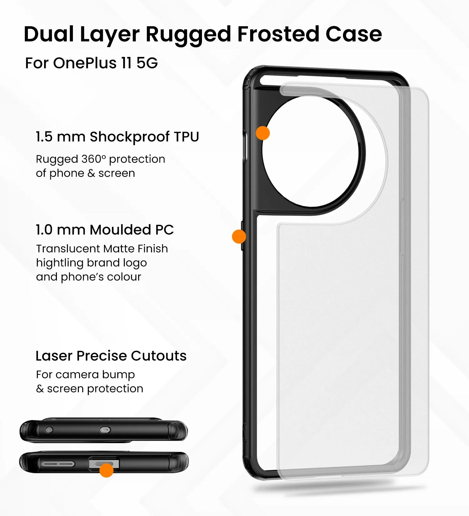 Rugged Frosted Semi Transparent PC Shock Proof Slim Back Cover for OnePlus 11 5G, 6.7 inch, Black